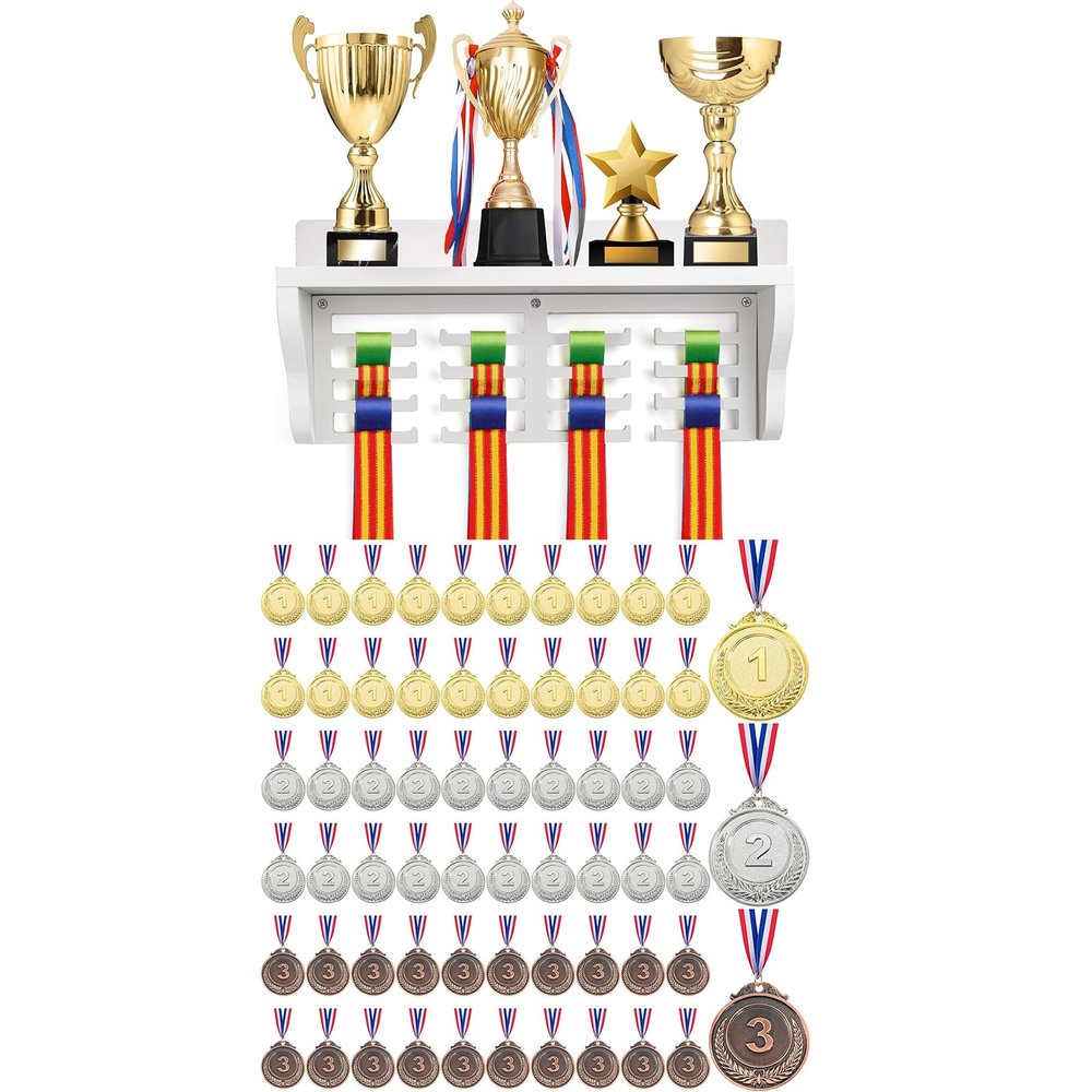 Caydo 63 Pieces 2 Inch Gold Silver Bronze Award Medals with Wooden Medal Hanger Display with Shelf