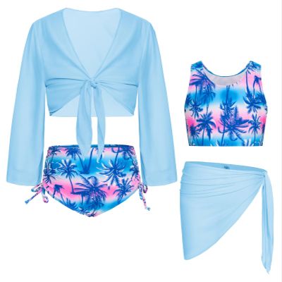 GRACE KARIN Girls Bathing Suits Size 10-12 Bluey Cocobut Long Sleeve Kimono 4 Piece Cover Up Swimwear