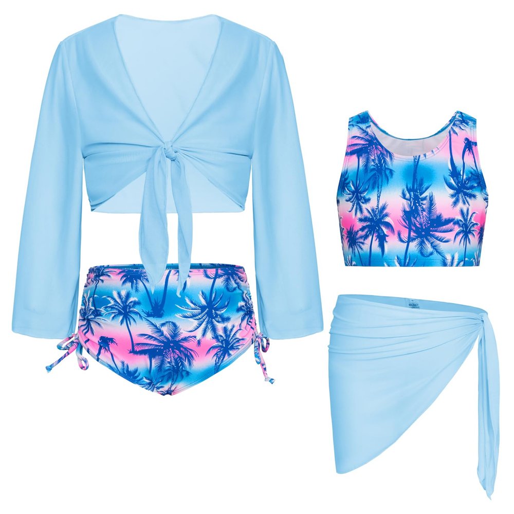 GRACE KARIN Girls Bathing Suits Size 10-12 Bluey Cocobut Long Sleeve Kimono 4 Piece Cover Up Swimwear