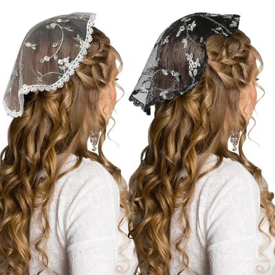 2 Pcs Embroidery Head Covering Flowers Lace Chapel Cap, Mantilla Catholic Veil Headpiece Circle Round Floral Church Veils