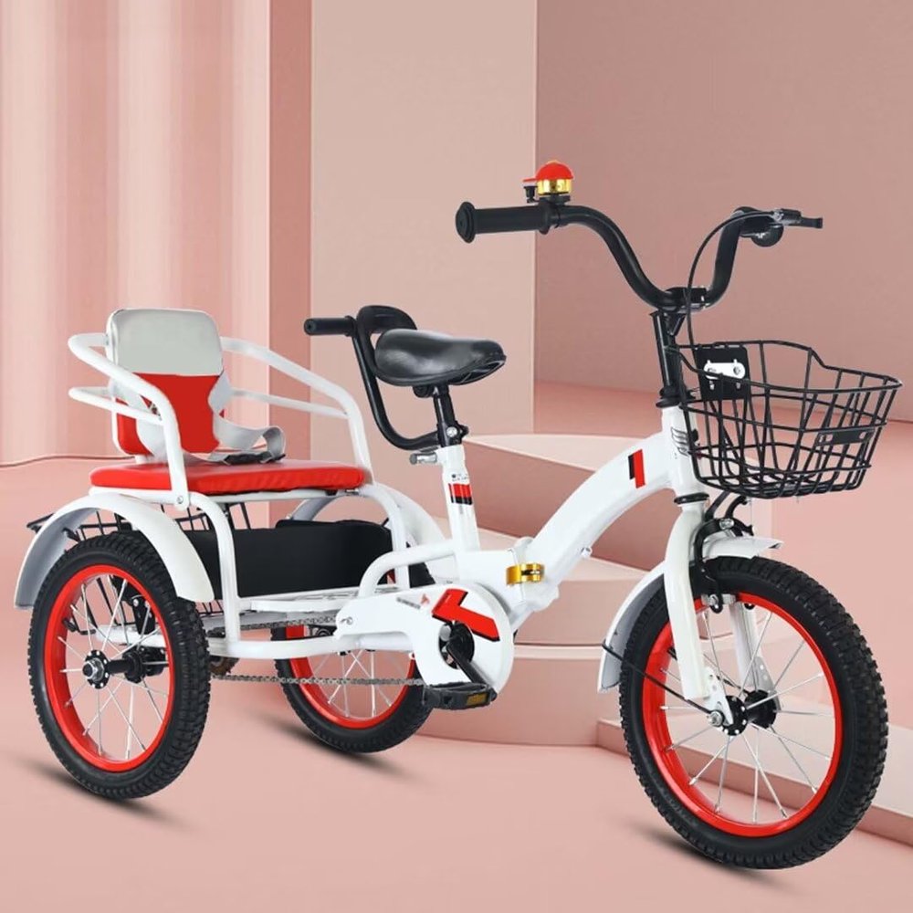 Folding Cruiser Trike for Aged 3-10 Years,Toddler Tandem Tricycle with Rear Passenger seat,3 Wheeler Pedal Rickshaw trikes with Pneumatic tire Spoke Wheel,max Load 100kg Toddler trikes