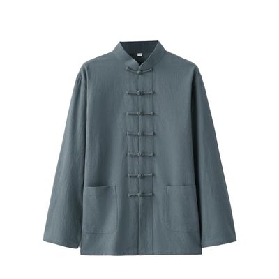 Chinese Style Tai Chi Cotton And Linen Tang Suit for Men Shirt (blue-green, L)