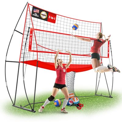 JOLORLY 2-in-1 Volleyball Practice Net Station with Patented 5-Height (6'6'' to 8'), Heavy Duty Training System for Hitting Spiking Serving, Backyard Indoor Outdoor Trainer Equipment (12x11 ft Red)