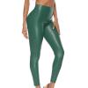 Womens Butt Lifting Yoga Pants Faux Leather PU Athletic Leggings Stretch Workout Sports Tights Ankle Length Trousers Green view 3