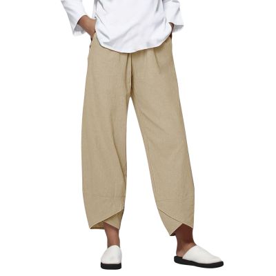 xoxingysm Loose Linen Pants for Women Elastic Waist Wide Leg Lounge Cropped Pants Summer Lightweight Flowy Beach Traveling Capri Pants Solid Boho Palazzo Yoga Pajamas Pants