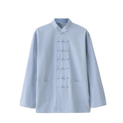 NineFit Basics Chinese Style Tai Chi Cotton And Linen Tang Suit for Men Shirt (light blue, M), Medium