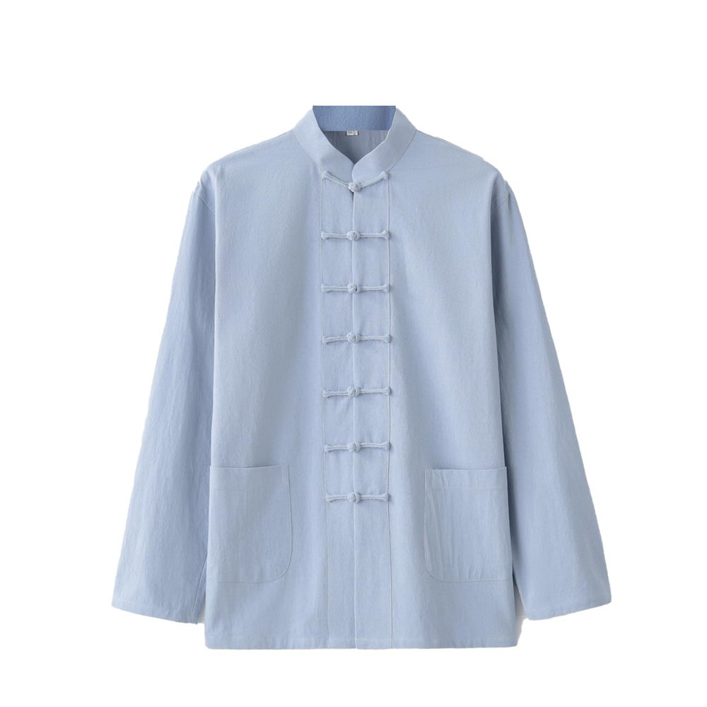 NineFit Basics Chinese Style Tai Chi Cotton And Linen Tang Suit for Men Shirt (light blue, M), Medium