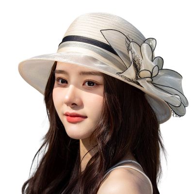 YOLAI Derby Hats for Girl Women's Wide Brim Sun Hat Floral Organza Bridal Wedding Hat 1920S 1950S Vintage Hats (Beige, One Size)