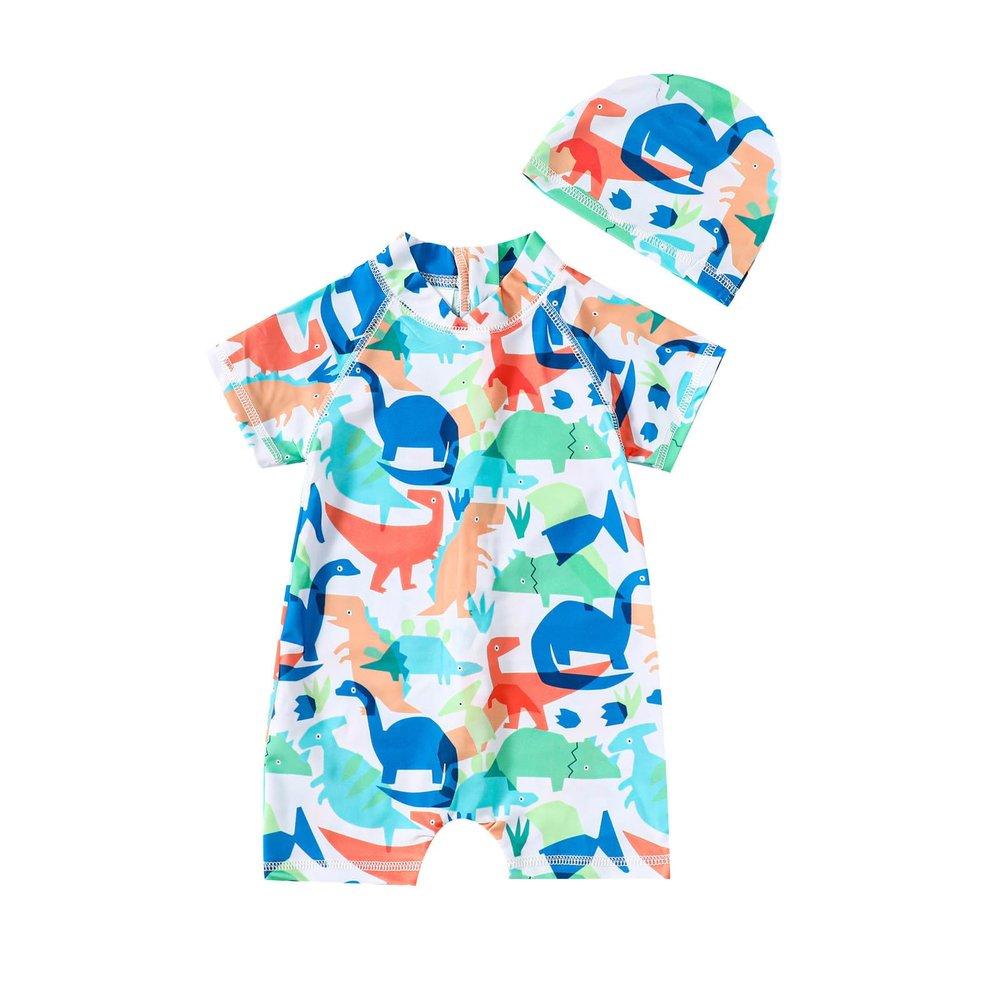 Baby/Toddler Boys Girls Swimsuit Cute Cartoon Zipper Bathing Suit Infant Beach Swimwear +Hat (Green, 4-5 Years)