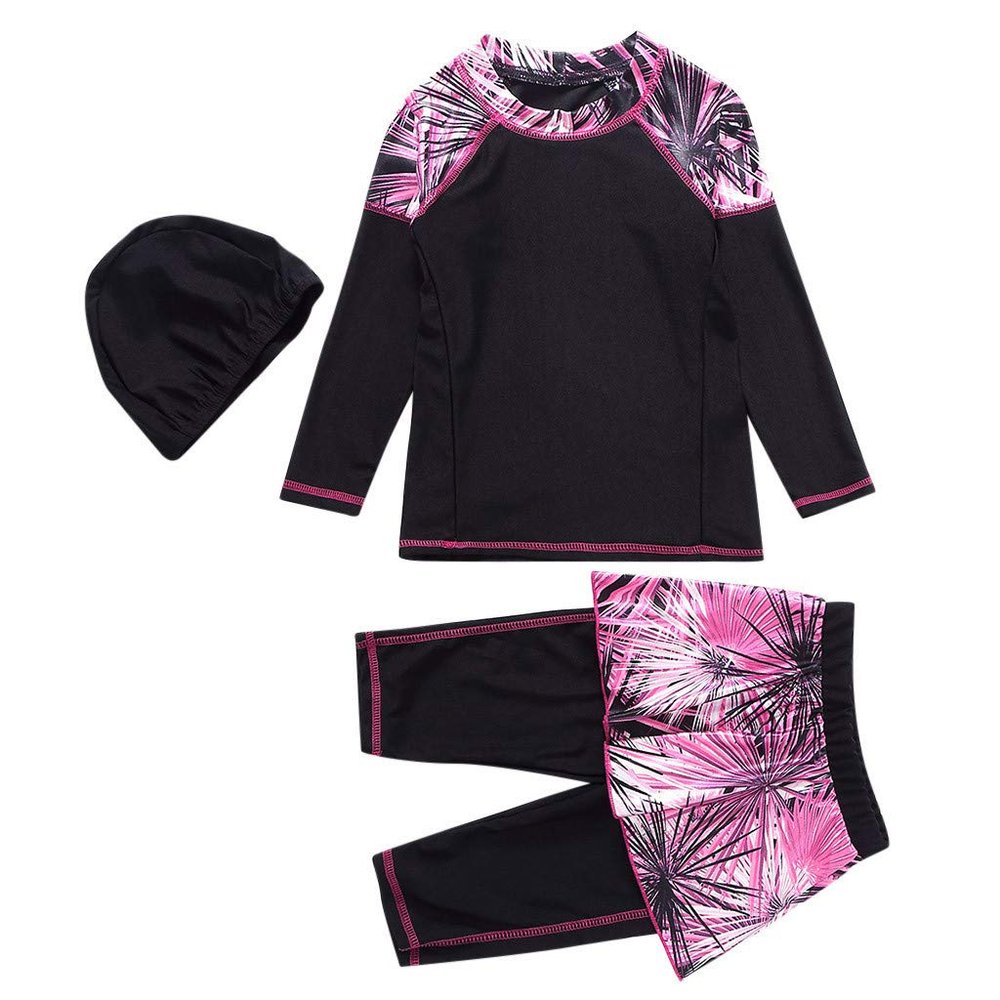 NineFit Basics Kids Girls Long Sleeve Rashguard Swimsuits Two Piece Swim Sets Muslim Swimwear with Hat (Black, 9-10 Years)
