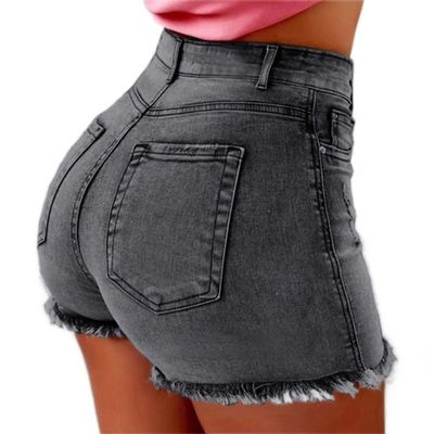 GOKKILRW Women Denim Jean Shorts High Waisted Casual Summer Frayed Raw Hem Stretch Skinny Large Size Short Jeans with Pockets Grey