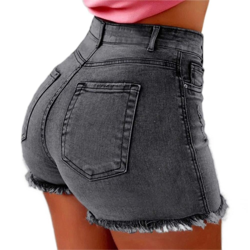 GOKKILRW Women Denim Jean Shorts High Waisted Casual Summer Frayed Raw Hem Stretch Skinny Large Size Short Jeans with Pockets Grey