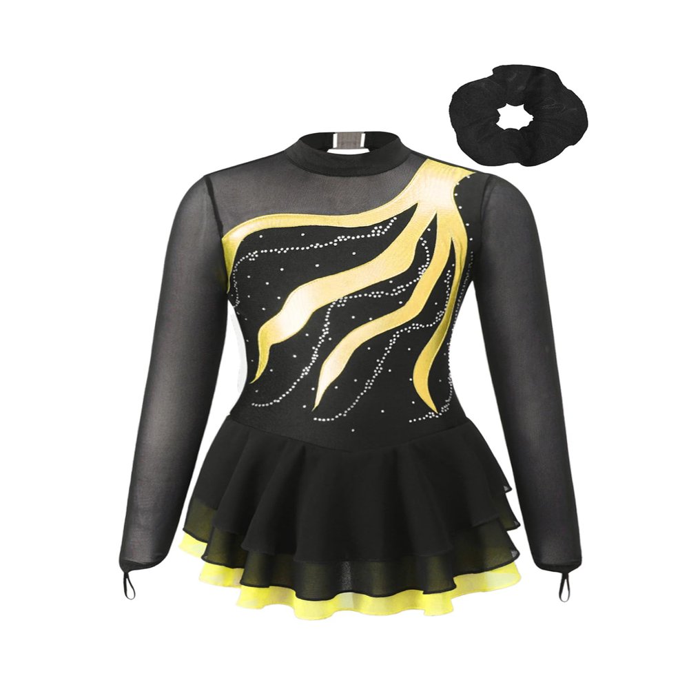 Aislor Girls Mesh Splice Figure Ice Skating Dress Long Sleeve Ballet Dance Gymnastics Leotard Tutu Dress with Hair Band Yellow 10 Years