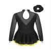 Aislor Girls Mesh Splice Figure Ice Skating Dress Long Sleeve Ballet Dance Gymnastics Leotard Tutu Dress with Hair Band Yellow 10 Years view 2