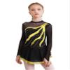 Aislor Girls Mesh Splice Figure Ice Skating Dress Long Sleeve Ballet Dance Gymnastics Leotard Tutu Dress with Hair Band Yellow 10 Years view 3