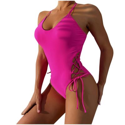 Women Swimsuits One Piece Tummy Contro1 Lace Up Bathing Suit High Lap Sexy Swimming Suit Soild Color Sport Training Jumpsuit Hot Pink