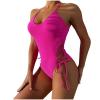 Women Swimsuits One Piece Tummy Contro1 Lace Up Bathing Suit High Lap Sexy Swimming Suit Soild Color Sport Training Jumpsuit Hot Pink view 1