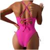 Women Swimsuits One Piece Tummy Contro1 Lace Up Bathing Suit High Lap Sexy Swimming Suit Soild Color Sport Training Jumpsuit Hot Pink view 3
