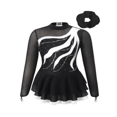 Aislor Girls Mesh Splice Figure Ice Skating Dress Long Sleeve Ballet Dance Gymnastics Leotard Tutu Dress with Hair Band White 10 Years