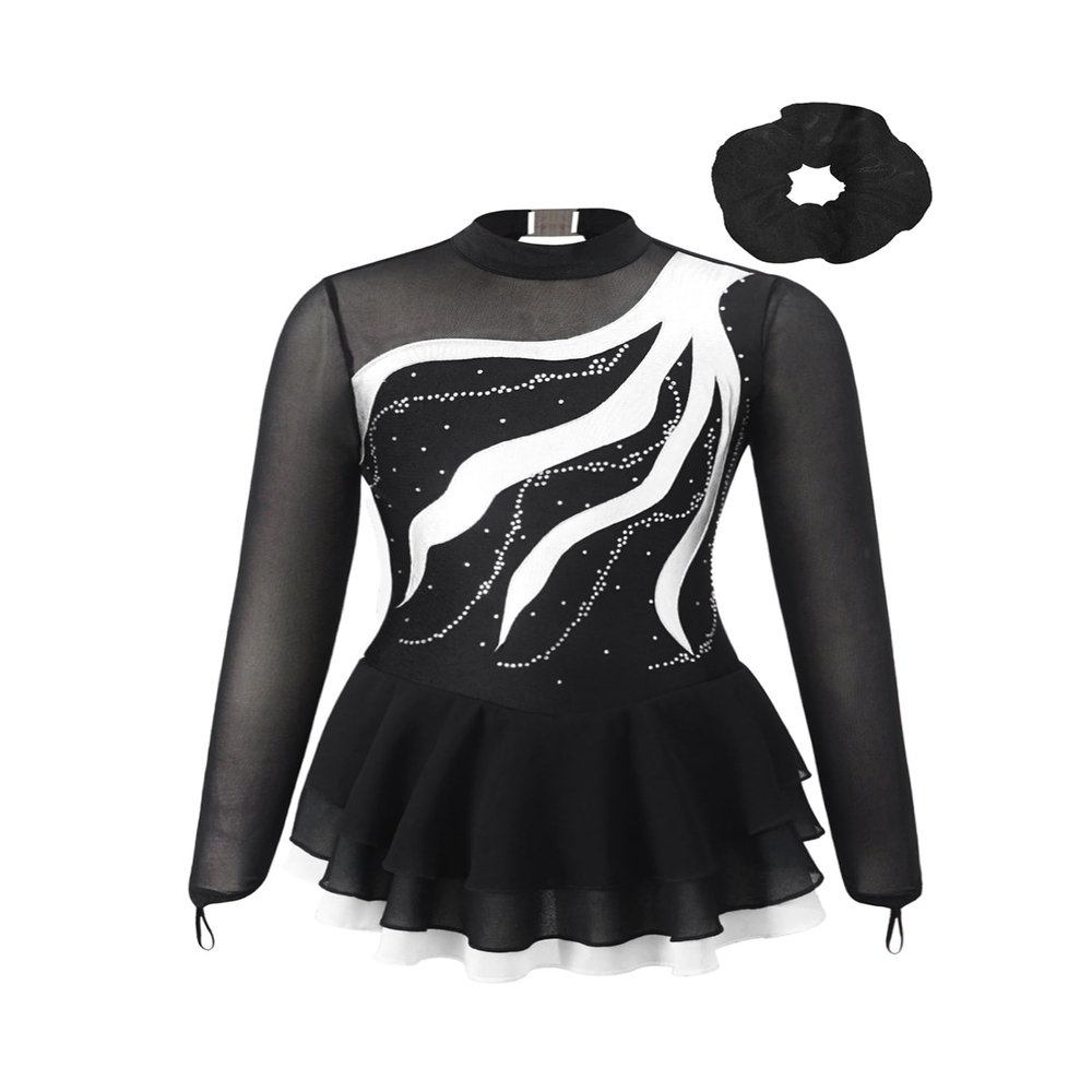 Aislor Girls Mesh Splice Figure Ice Skating Dress Long Sleeve Ballet Dance Gymnastics Leotard Tutu Dress with Hair Band White 10 Years