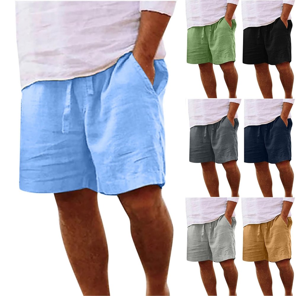Muscularfit Mens Summer Casual Cotton Linen Shorts - Drawstring Elastic Waist Beach Shorts With Pockets, Outdoor Fashion Cargo Light Blue XL