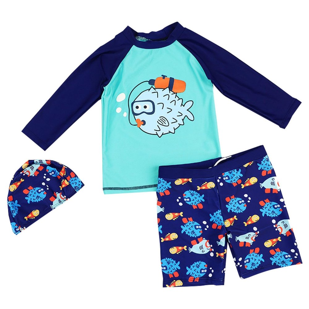 Baby Toddler Boys Two Pieces Swimsuit Set Long Sleeve Rash Guard Swimwear & Swim Trunks Set with Hat (Blue, 2-3 Years)