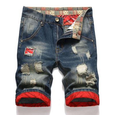 Mens Destroyed Jean Shorts Washed Vintage Ripped Denim Shorts Retro Style Y2K Streetwear Summer Short Jeans, Mens Shorts Jean Shorts for Men Cargo Shorts Men's Shorts(Red,30)