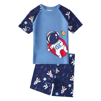 NineFit Basics Toddler/Baby Boys Swimsuit Bathing Suits Set 2-Piece Short Sleeve Rash Guard Swimwear & Swim Trunks (Blue, 4-5 Years)