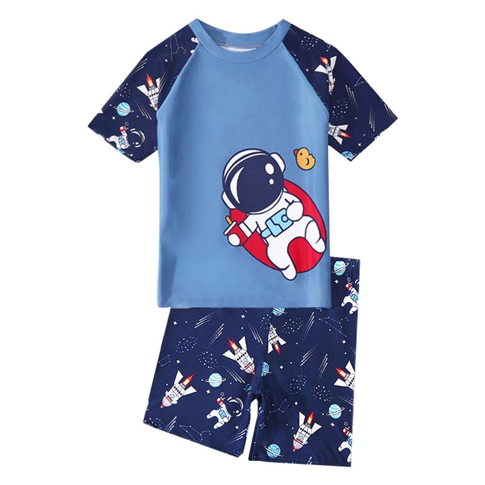 NineFit Basics Toddler/Baby Boys Swimsuit Bathing Suits Set 2-Piece Short Sleeve Rash Guard Swimwear & Swim Trunks (Blue, 4-5 Years)