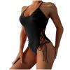 Women Swimsuits One Piece Tummy Contro1 Lace Up Bathing Suit High Lap Sexy Swimming Suit Soild Color Sport Training Jumpsuit Black view 1