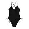 Women Swimsuits One Piece Tummy Contro1 Lace Up Bathing Suit High Lap Sexy Swimming Suit Soild Color Sport Training Jumpsuit Black view 2
