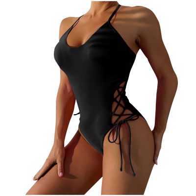 Women Swimsuits One Piece Tummy Contro1 Lace Up Bathing Suit High Lap Sexy Swimming Suit Soild Color Sport Training Jumpsuit Black