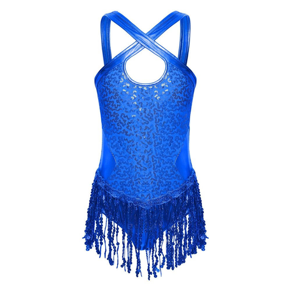 Linjinx Kids Girls Sequin Fringe Latin Dance Dress Ballet Jazz Tango Salsa Samba Rumba Dance Performance Costume Dancewear Blue B 12 Years