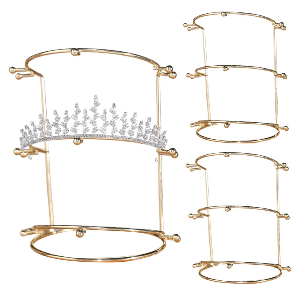 KYEQATY 3PCS Tiara Display Stand 3-Tier Bridal Crown Holder Necklace Headband Display Stand Women Girls Jewelry Holder for Wedding Home Shop Store, Gold