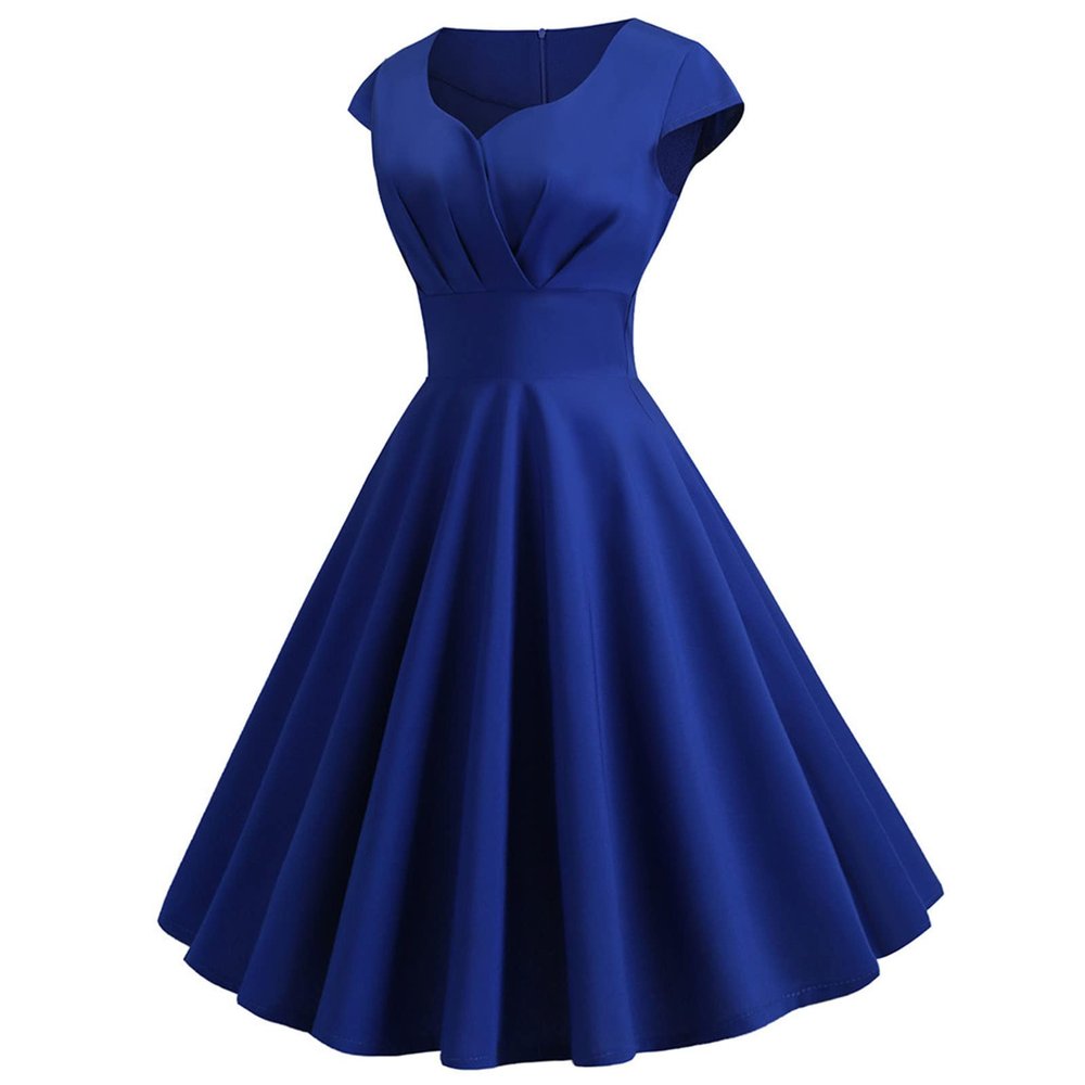 NaRHbrg Women's 1950s Vintage Dress Wrap V Neck Cap Sleeve Dress Retro Cocktail Party Swing Dresses A-Line Flared Midi Dress Blue