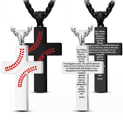 2Pcs Baseball Cross Necklaces For Men, Black & Silver Stainless Steel Religious Jewelry Gift with Lords Prayer Bible Verse Inspirational Quote Baseball Necklaces Gift For Son Grandson Boyfriend