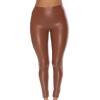 NineFit Basics Womens Butt Lifting Yoga Pants Faux Leather PU Athletic Leggings Stretch Workout Sports Tights Ankle Length Trousers Brown, Medium view 1