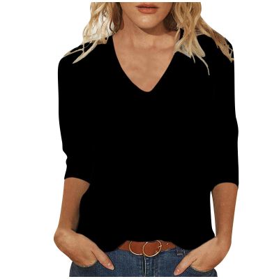 3/4 Sleeve Shirts for Women V Neck Summer Blouses Solid Color Basic Tee Shirts Soft Cotton Tshirts Women's Three Quarter Sleeve Tops Womens Summer Tops