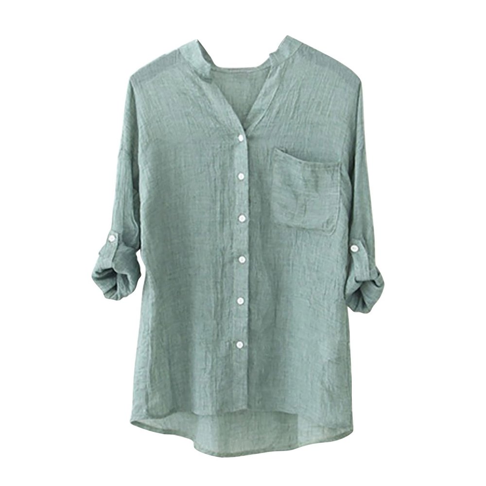 Womens 3/4 Sleeve Tops Cotton Linen Shirts V Neck Button Down Blouse Summer Casual Solid Tops Womens 3/4 Sleeve Tops Plus Size Summer Tops