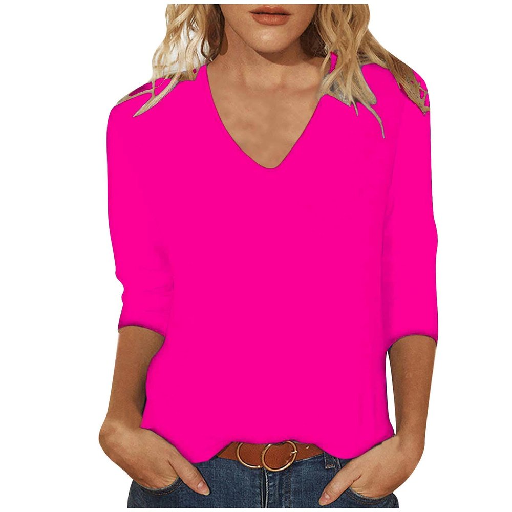 3/4 Sleeve Shirts for Women V Neck Summer Blouses Solid Color Basic Tee Shirts Soft Cotton Tshirts Three Quarter Sleeve Tops Woman Womens Summer Shirts