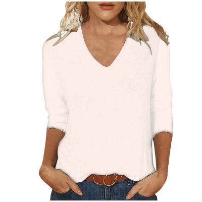 3/4 Sleeve Shirts for Women V Neck Summer Blouses Solid Color Basic Tee Shirts Soft Cotton Tshirts Plus Size 3/4 Sleeve Tops for Women Cute Summer Tops