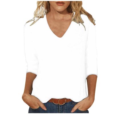3/4 Sleeve Shirts for Women V Neck Summer Blouses Solid Color Basic Tee Shirts Soft Cotton Tshirts 3/4 Sleeve Tops for Women Summer Clothes for Women