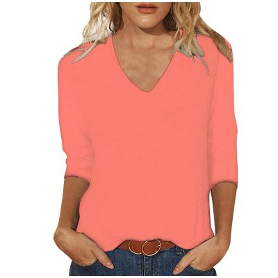 3/4 Sleeve Shirts for Women V Neck Summer Blouses Solid Color Basic Tee Shirts Soft Cotton Tshirts Three Quarter Sleeve Tops Woman Summer Tops for Teens