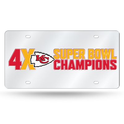Rico Industries NFL Football Kansas City Chiefs 4X Champions 12" x 6" Silver Laser Cut Tag for Car/Truck/SUV - Automobile Dcor