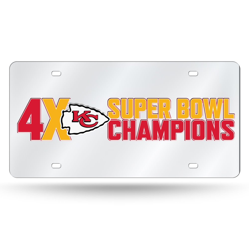 Rico Industries NFL Football Kansas City Chiefs 4X Champions 12" x 6" Silver Laser Cut Tag for Car/Truck/SUV - Automobile Dcor