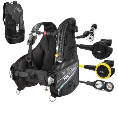 TUSA Gear Essentials Soverin Alpha BCD Open Water Starter Package w/RS-1001 Regulator, SS-0001 Safe Second/Octo, SCA-360U Pressure Gauge Console and Mesh Backpack, Large/X-Large