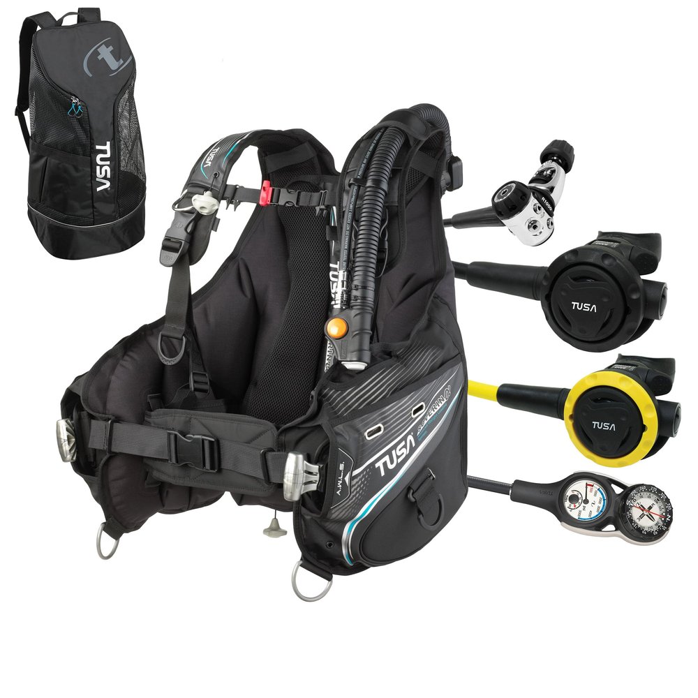 TUSA Gear Essentials Soverin Alpha BCD Open Water Starter Package w/RS-1001 Regulator, SS-0001 Safe Second/Octo, SCA-360U Pressure Gauge Console and Mesh Backpack, Large/X-Large