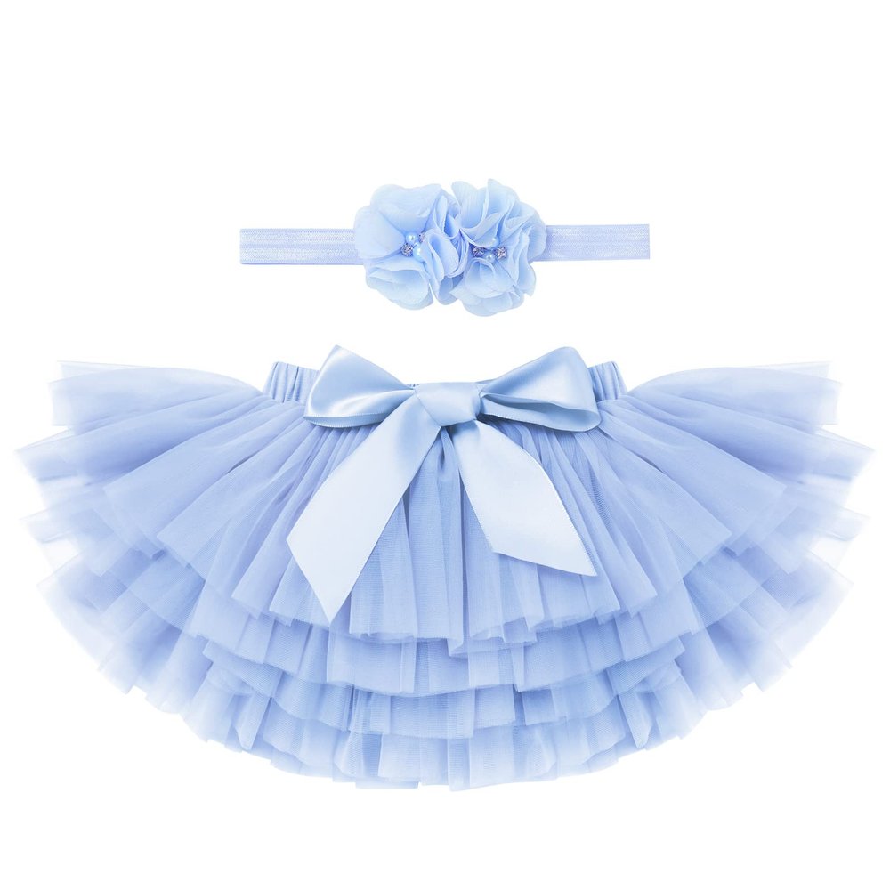 Baby Girls Tutu Skirt Sets with Diaper Cover Flower Headband for Toddler Ruffle Soft Tulle Bloomers Princess Half First Birthday Party Cake Smash Photo Shoot Outfits Beach Clothes Light Blue 2-3 Years