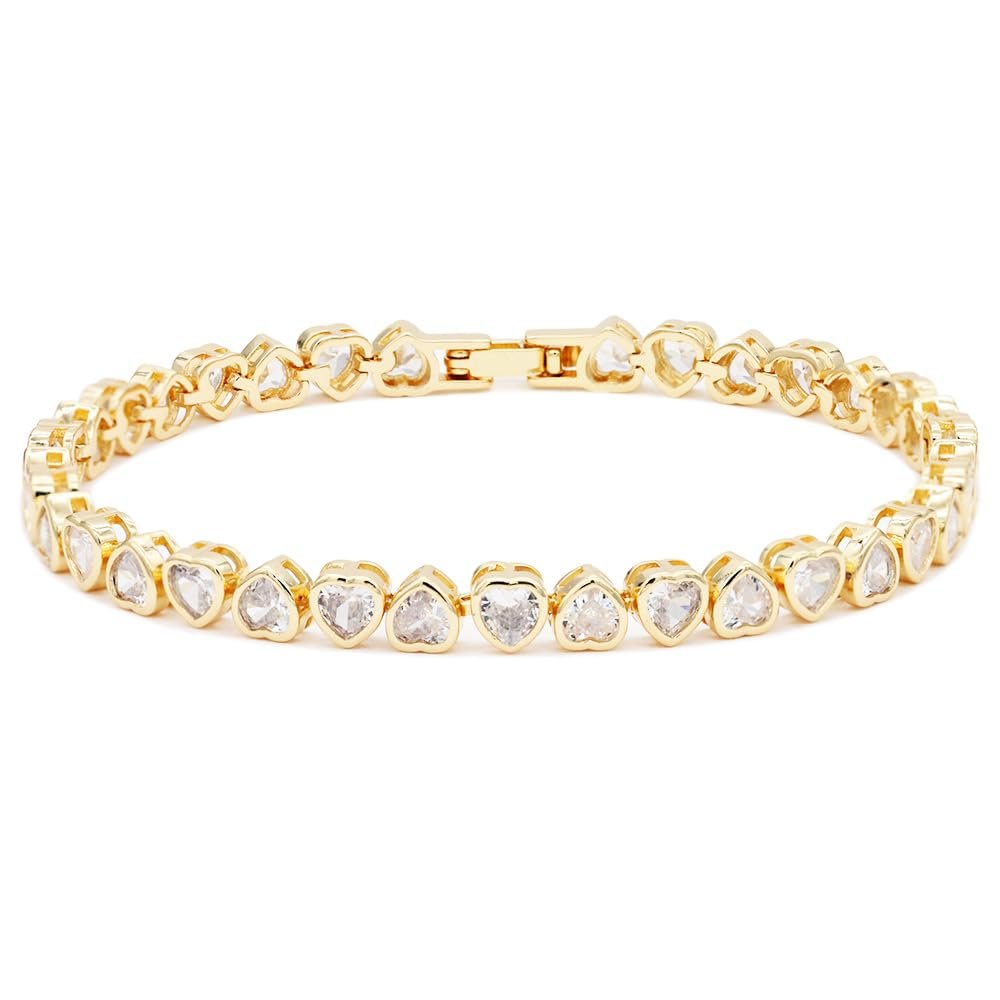 Lavencious Elegant 7" Tennis Bracelet Adorned with Sparkling Heart-Shaped AAA Cubic Zirconia for Women (Gold)
