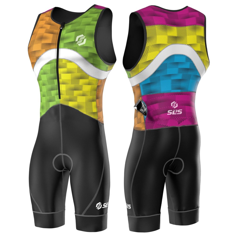 SLS3 Triathlon Suits Mens - Premium Trisuit Triathlon Men - Sleeveless, Quick Drying Tri Kit with Large Back Pocket (Miami Multi, Large)